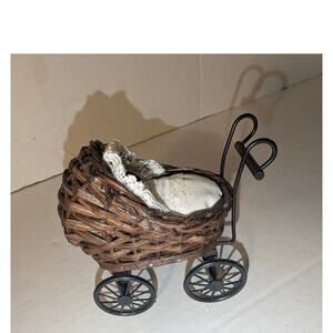 Vintage Wicker Ratan Baby Doll Buggy Pram with baby Stroller Miniature Dollhouse